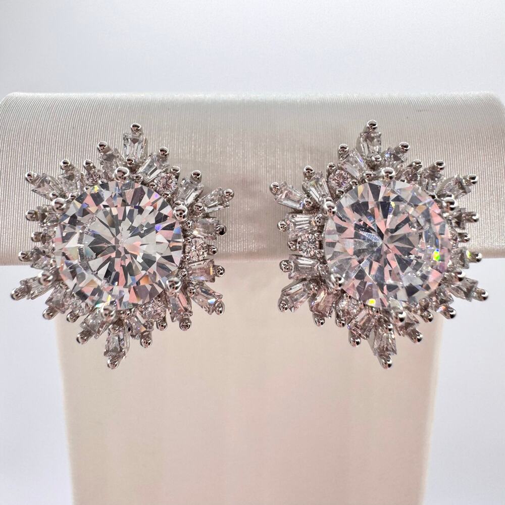 CZ Cubic Zirconia Halo Stud Earrings Sunburst Snowflake Baguette Wedding Bridal